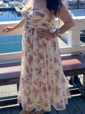 Floral Cream Maxi Dress with Pink Rose Print